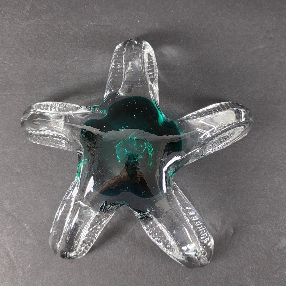 HQT Glass Starfish Sculpture Green Clear Art Glass Coastal Beach Decor